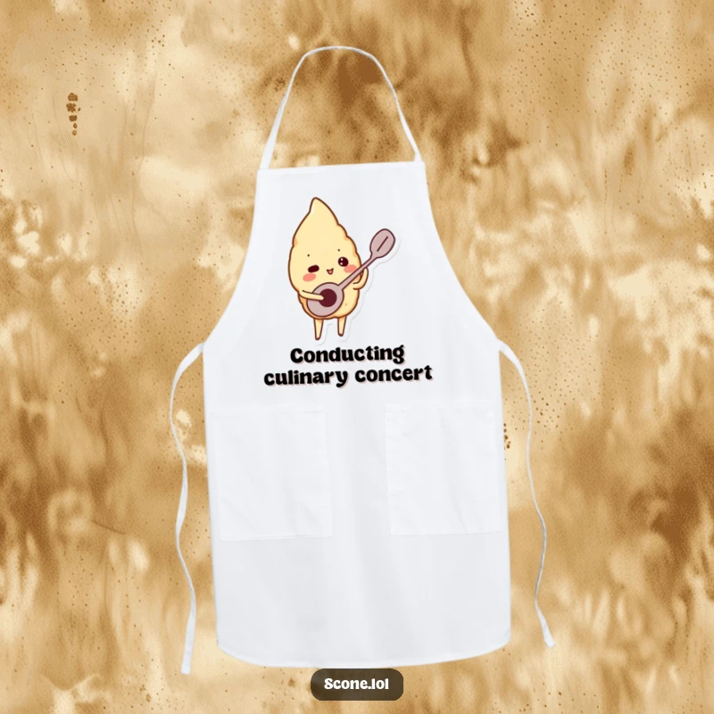 Funny apron showing a scone character playing a tiny spoon like a musical instrument, perfect for a fun-loving chef.
