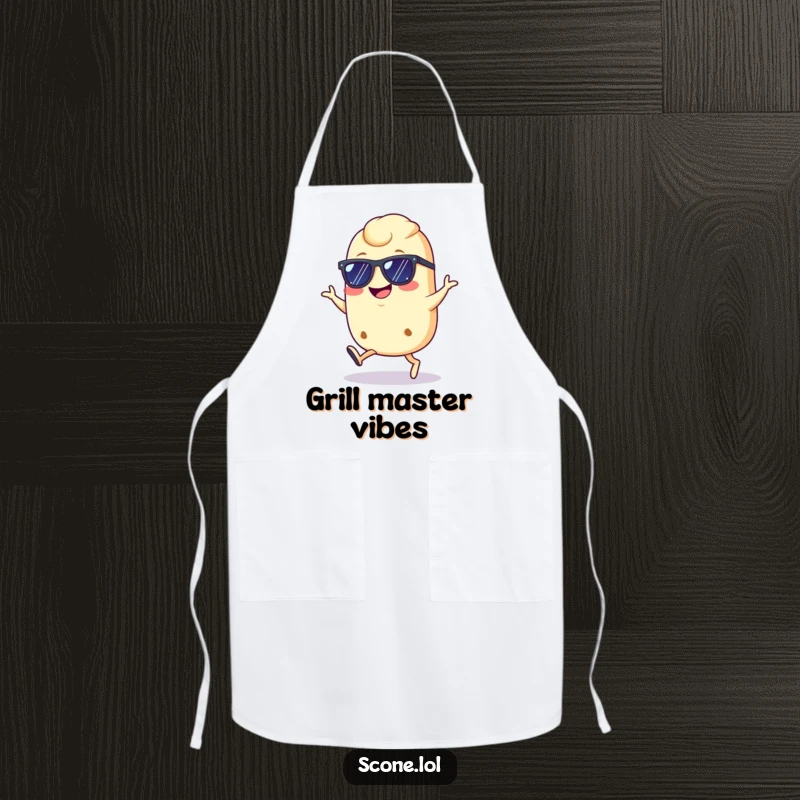 Funny cool scone apron, depicting a scone with sunglasses doing a confident hop with a grin, perfect for stylish and humorous cooking.