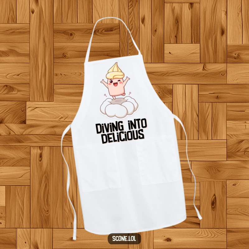Funny apron showing a scone character joyfully leaping into cream, perfect for a cheerful baker in the kitchen.