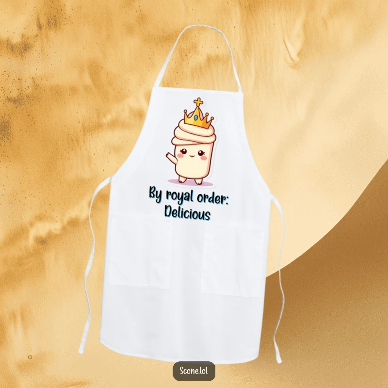 Funny apron depicting a scone character wearing a crown and posing regally, perfect for a humorous royal chef.