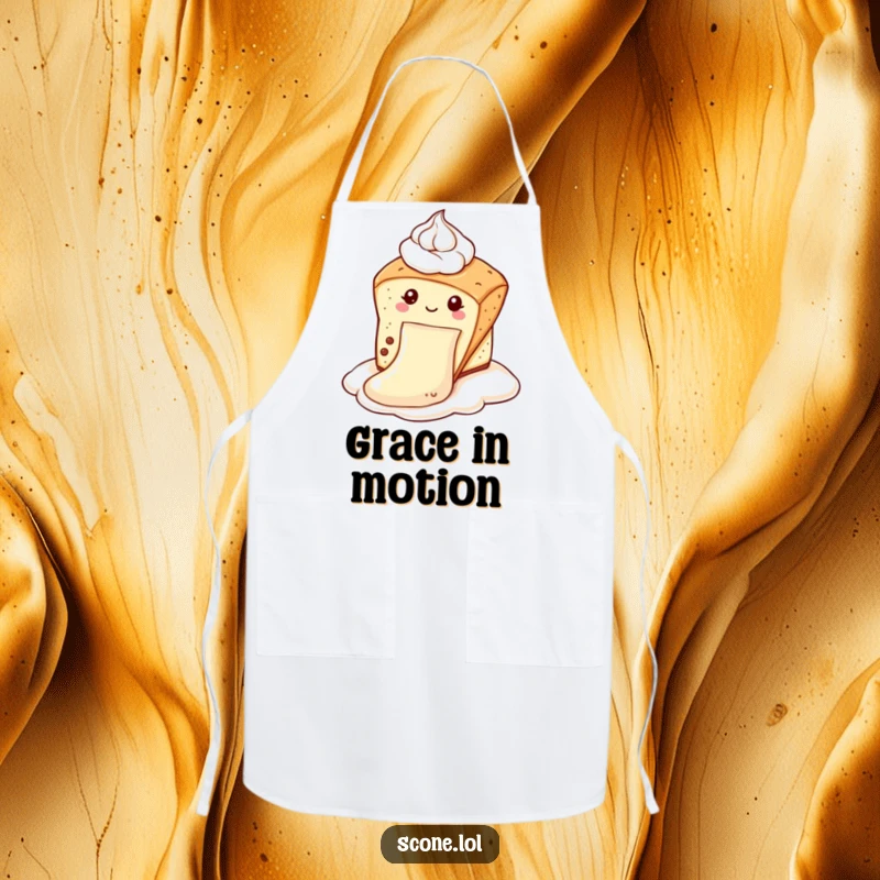 Funny scone apron with a scone sliding down a dollop of cream like a slide, perfect for bakers and as a funny gift.