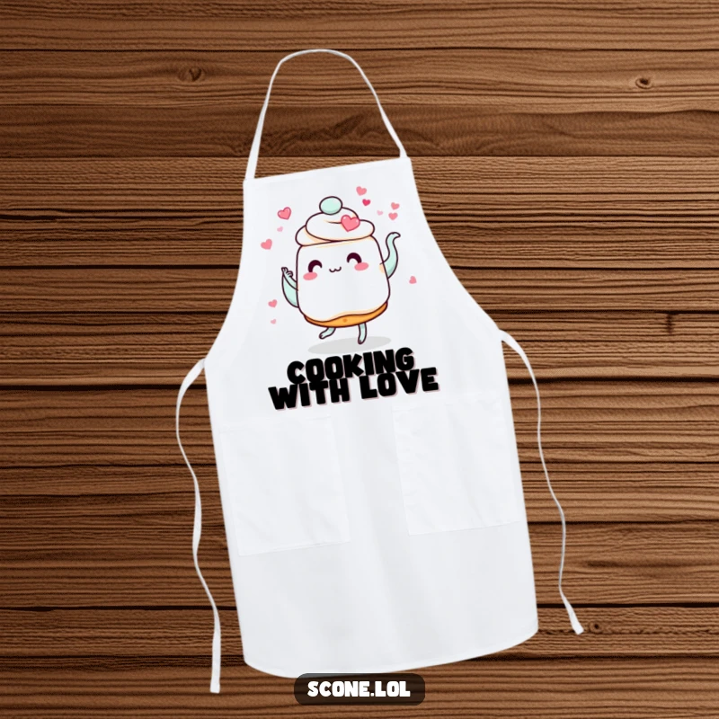 Funny scone apron, depicting a scone with heart eyes dancing with a swirling teapot, perfect for romantic and humorous baking.