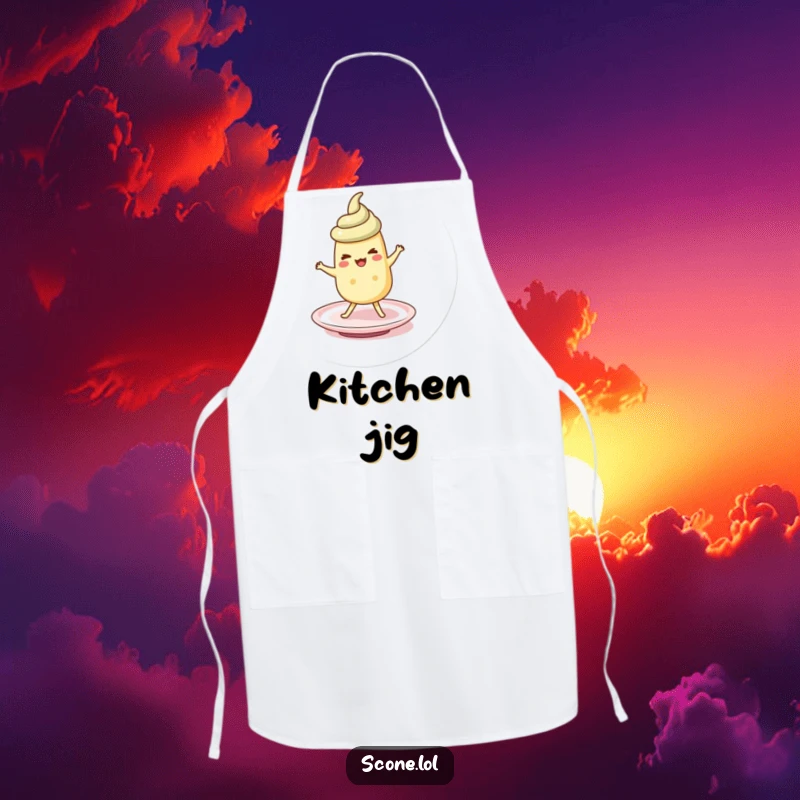 Funny scone character doing a silly jig on a saucer, on a practical and humorous baking apron.