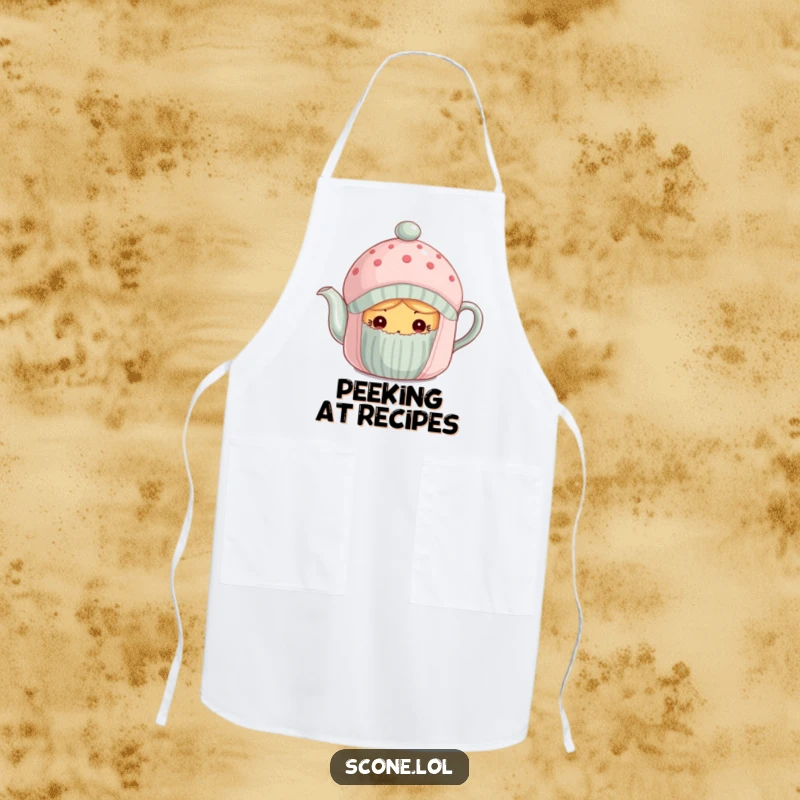 Funny scone curiously peeking from under a tea cozy on a kitchen apron, perfect for baking fun.