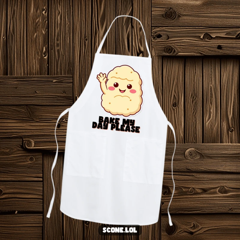 Funny scone apron adorned with a fluffy scone sporting a wide smile and a cheerful wave, ideal for bakers and as a funny gift.