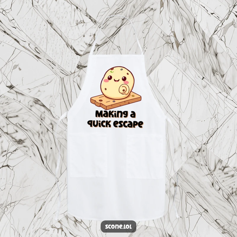 Funny apron featuring a scone rolling down a pastry board, a humorous and practical addition for bakers.