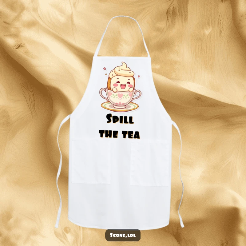 Funny smiling scone character hilariously falling off a teacup while baking on an apron.