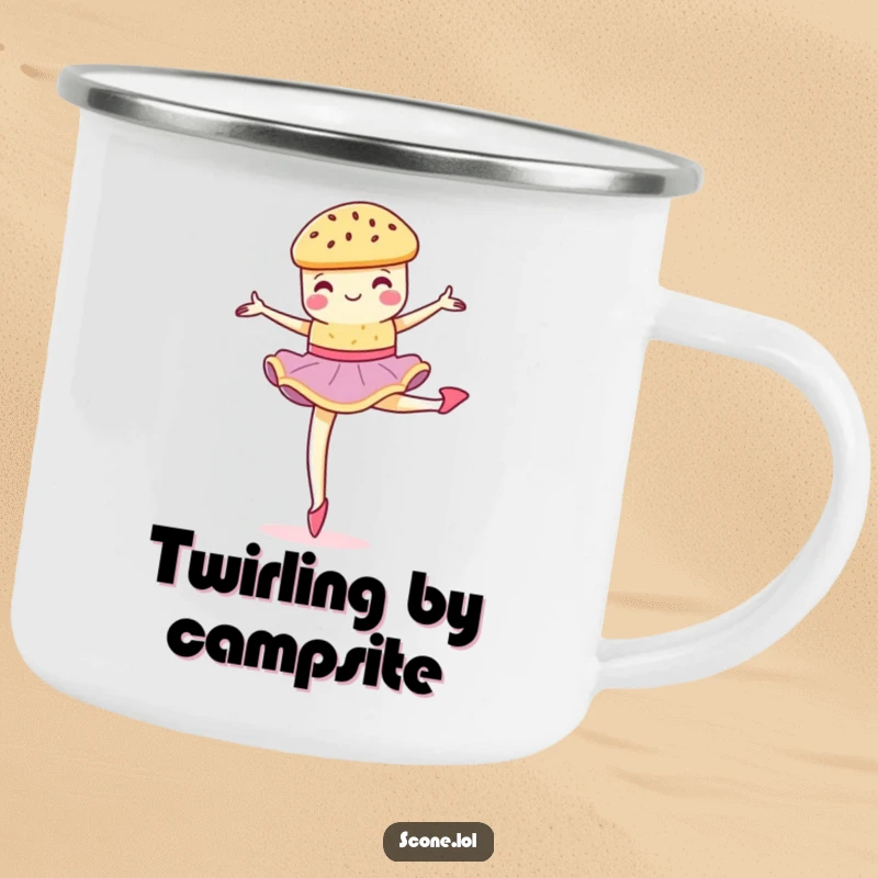 Funny scone performing a graceful, crumbly pirouette on a rugged camping mug for outdoor enjoyment.