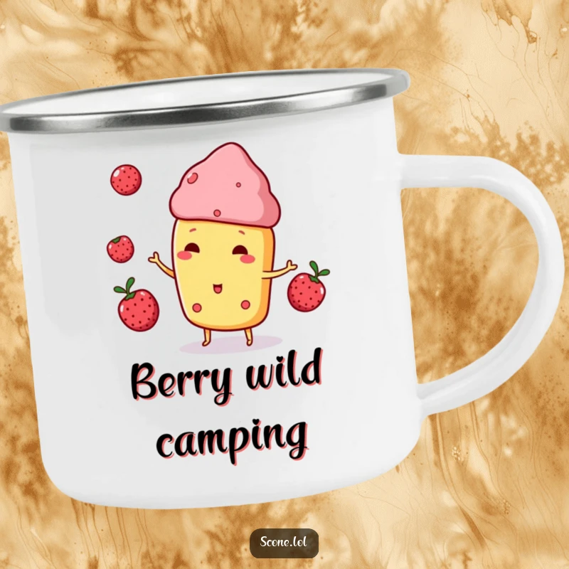 Funny Scone Character Camping Mug, playfully juggling three berries, ready for outdoor adventures and smiles.