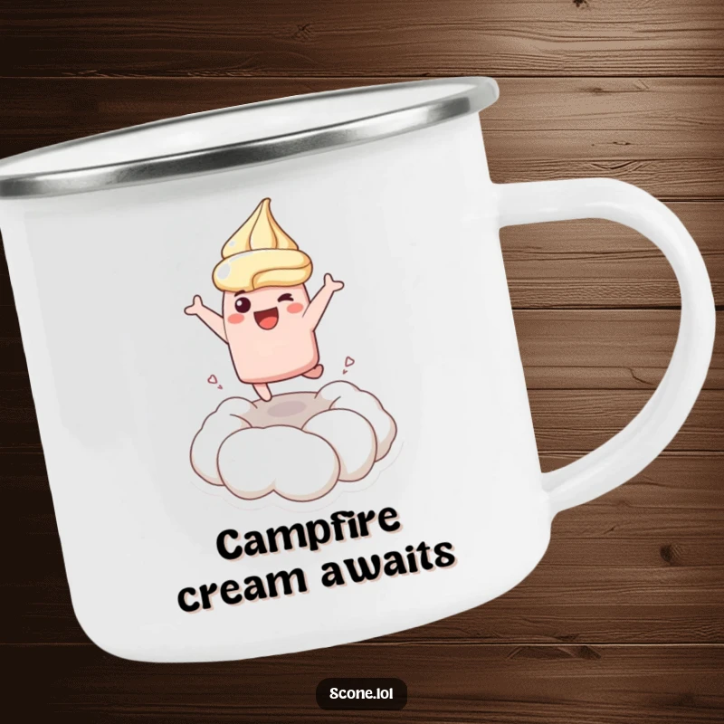 Funny camping mug showing a scone character joyfully leaping into cream, perfect for enjoying coffee with a cheerful spirit.