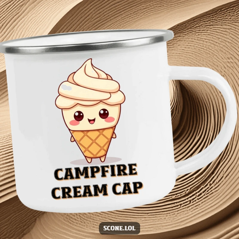 Funny camping mug depicting a scone character wearing a cream hat, perfect for outdoor enjoyment with a sweet twist.