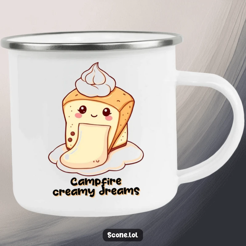 Funny scone camping mug with a scone sliding down a dollop of cream like a slide, perfect for outdoor lovers and as a funny gift.