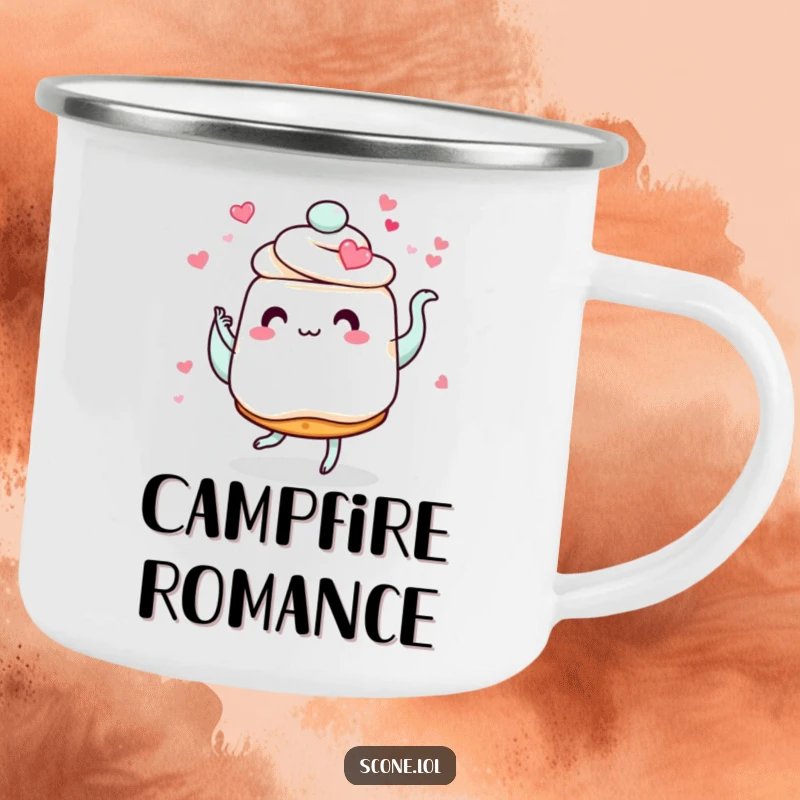 Funny scone camping mug, featuring a scone with heart eyes dancing with a swirling teapot, durable and romantically humorous.
