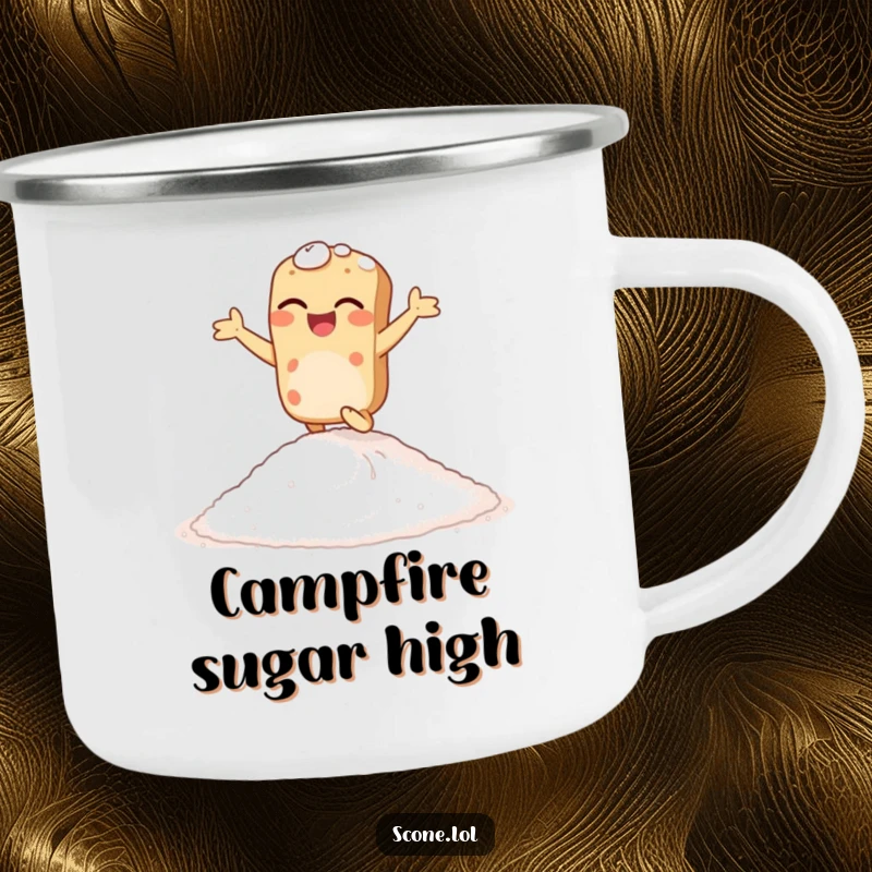 Funny giggling scone camping mug, featuring a scone hopping energetically on sugar, durable and delightfully humorous.