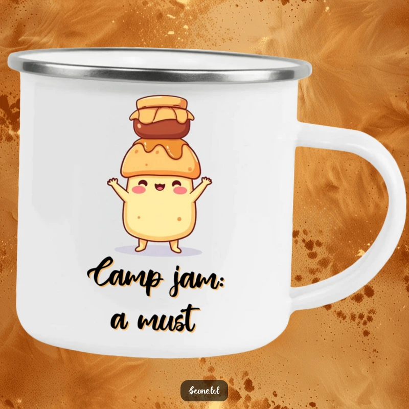 Funny camping mug showing a scone character balancing a jam jar on its head, perfect for enjoying drinks with a humorous twist.