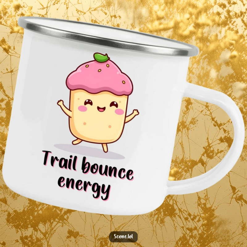 Funny camping mug with a smiling scone character doing a happy little bounce, perfect for cheerful outdoor enjoyment.