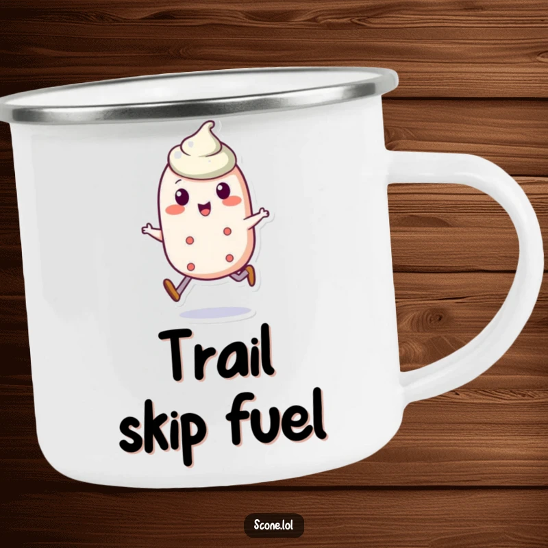 Funny scone character camping mug showing a scone making a jaunty skip, perfect for enjoying drinks outdoors with a smile.