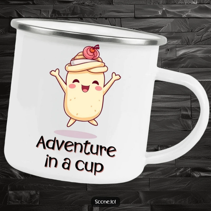 Funny scone camping mug with a scone in a teacup hat joyfully jumping, perfect for outdoor lovers and as a funny gift.