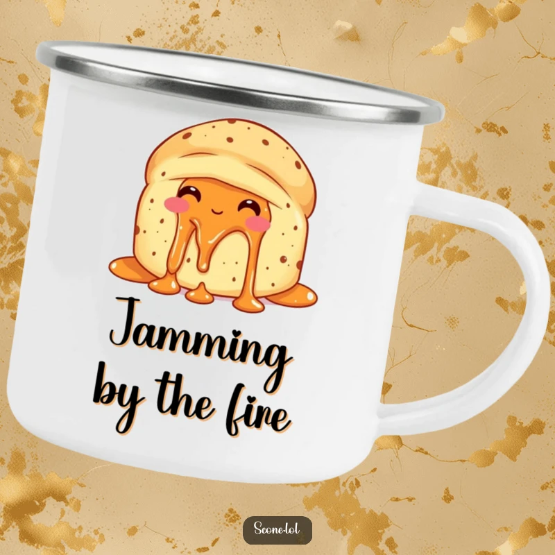 Funny scone with jam dripping, looking delighted with itself on a rugged camping mug for outdoor enjoyment.