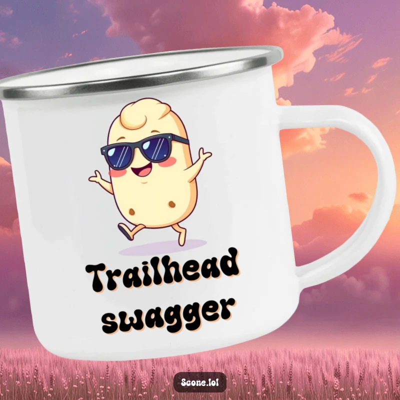 Funny cool scone camping mug, featuring a scone with sunglasses doing a confident hop with a grin, durable and stylishly humorous.