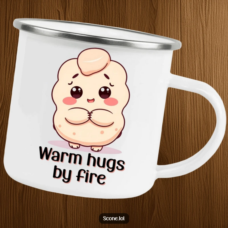 Funny scone camping mug, a baked good character giving a warm hug, ideal for outdoor comfort and cheer.