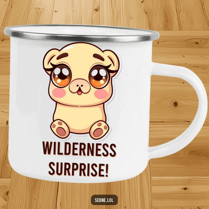 Funny Camping Mug featuring a scone character with wide, surprised eyes, embracing the joy of outdoor adventures with a humorous twist.