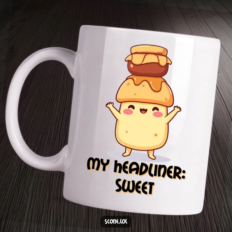 Funny mug featuring a scone character expertly balancing a jar of jam on its head with a determined, slightly wobbly look.