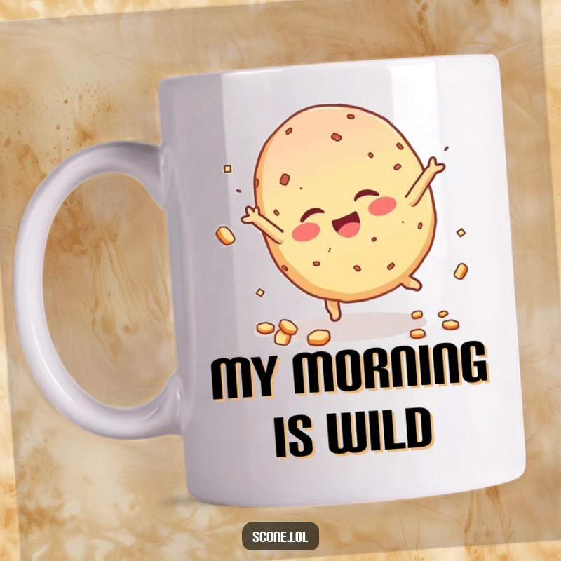 Funny Scone Character Mug, giggling while doing a cartwheel, with crumbly bits scattering, pure joyful energy.