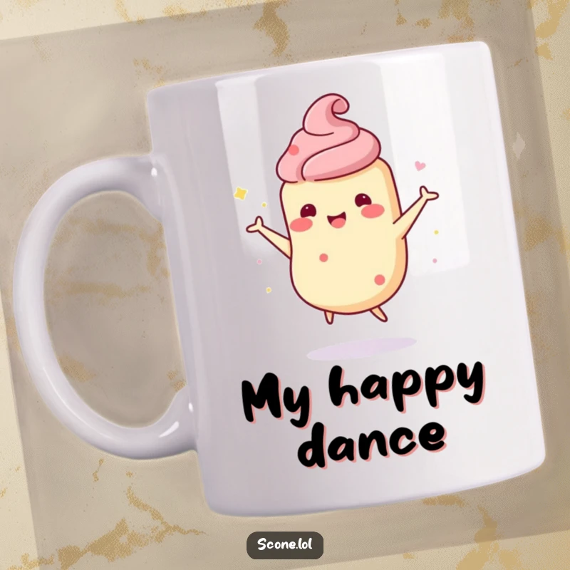 Funny scone character mug depicting a scone doing a joyous, wobbly happy dance, full of uninhibited fun.