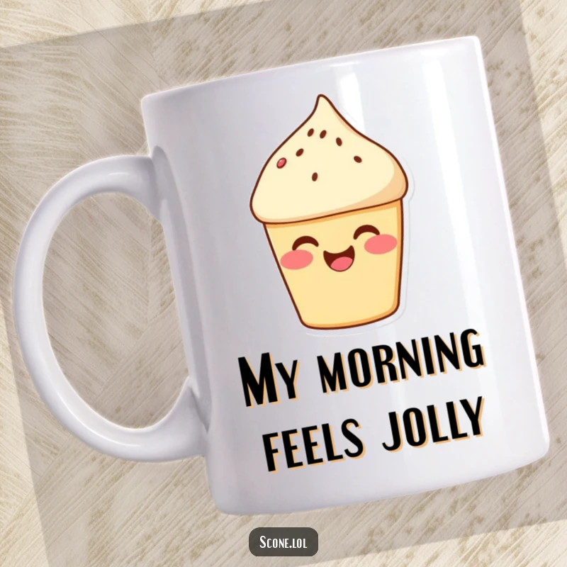 Funny Scone Giggle Mug: A rosy-cheeked scone character erupts in laughter, radiating pure, infectious joy. Great funny gift.
