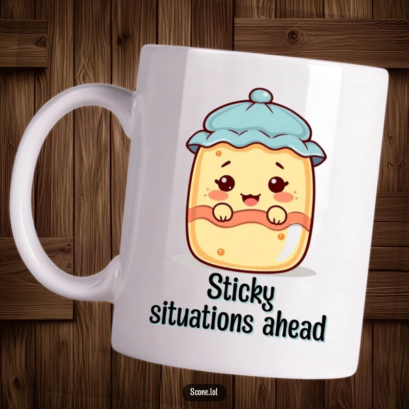 Funny scone character peeking mischievously from a jam jar, making a funny face, perfect gift mug.