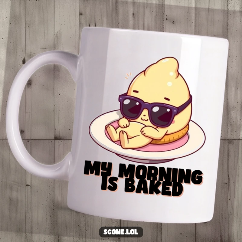 Funny scone character with tiny sunglasses relaxing on a plate like a sunbed, embodying pure chill and baked good humor.
