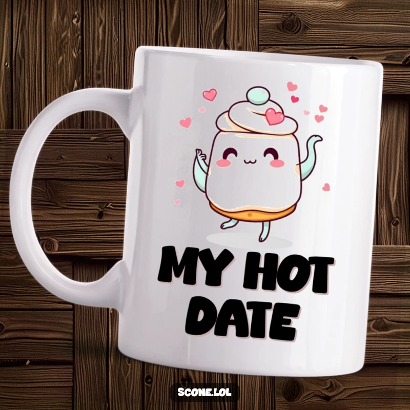 Funny scone mug showing a scone with hearts for eyes dancing romantically with a swirling teapot, a charming foodie design.