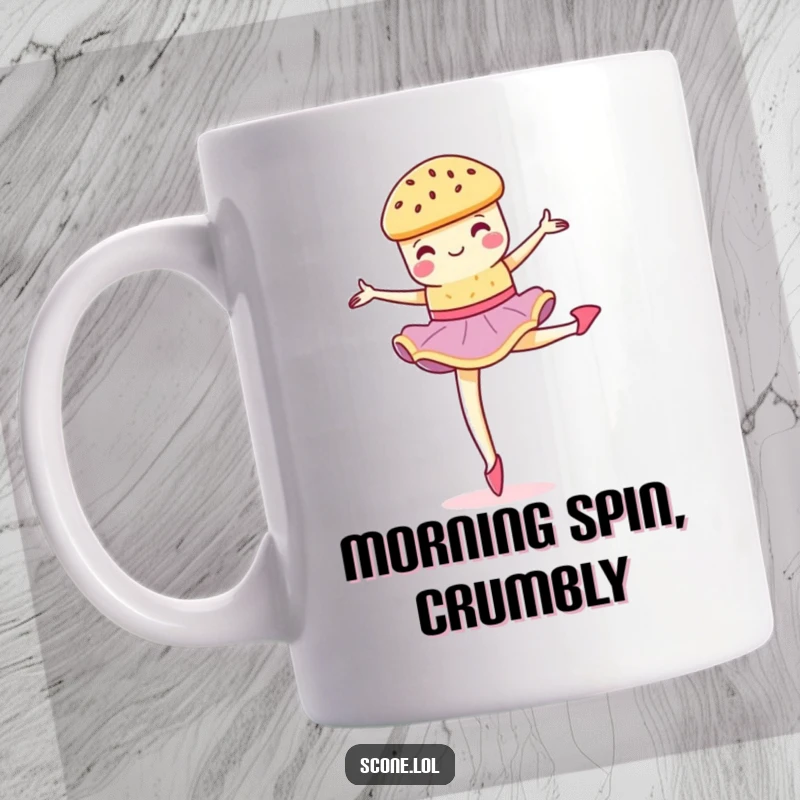 Funny scone performing a graceful, crumbly pirouette on a mug, showcasing dance and baked artistry.