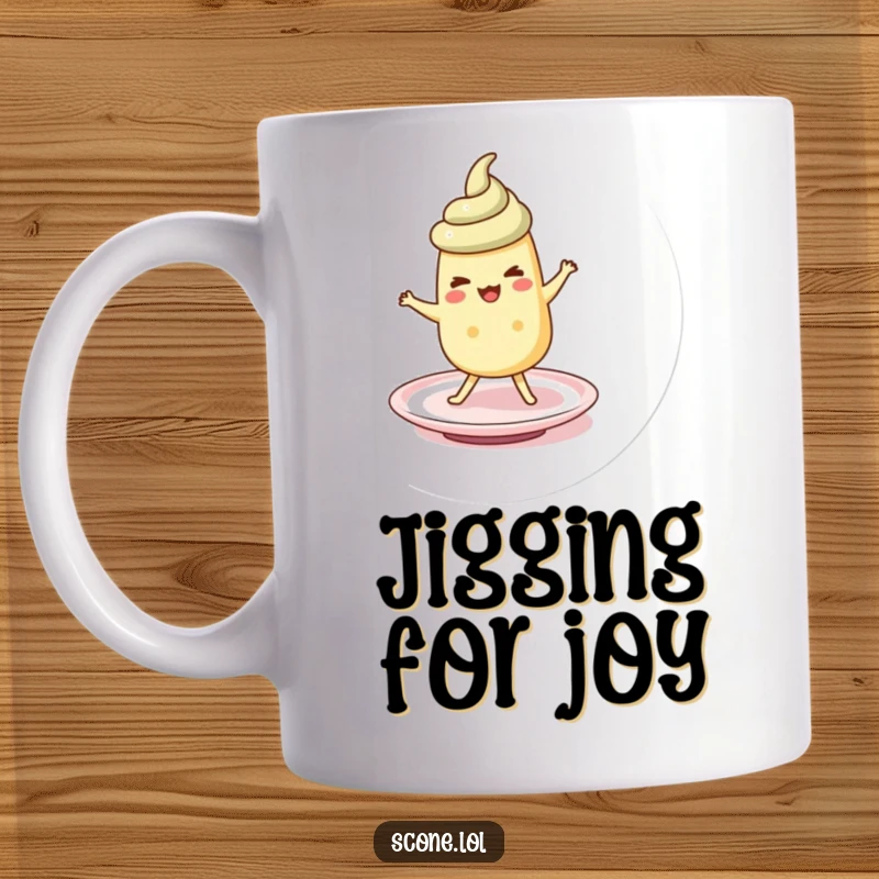 Funny scone character doing a lively, silly jig on a small saucer, bringing movement and humor to this mug.