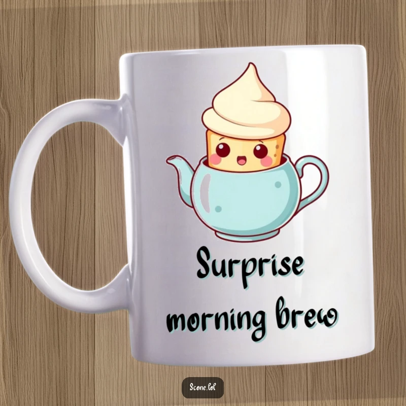 Funny scone teapot surprise mug, a scone popping out with a shocked face, capturing a humorous and unexpected tea moment.