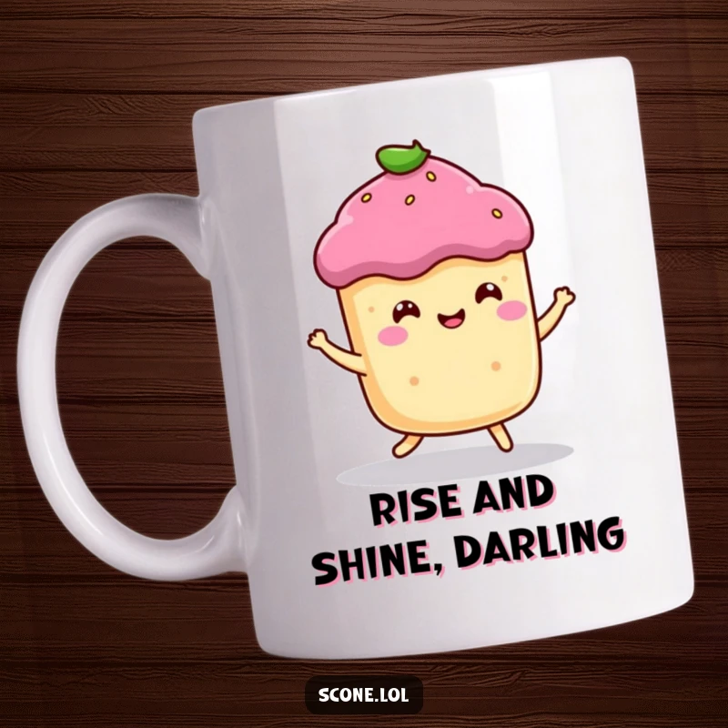 Funny mug showing a smiling scone character happily bouncing, radiating pure joy and baked goods charm.