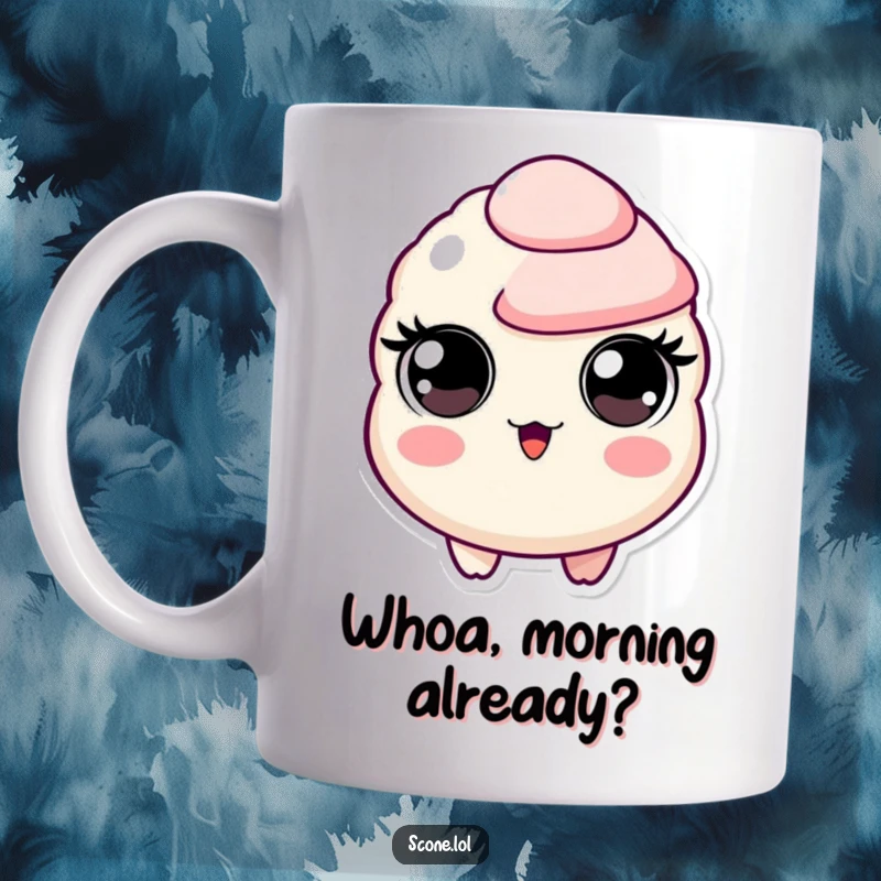 Funny mug featuring a scone character with comically wide, circular eyes expressing utter surprise. Hilarious pastry expression.