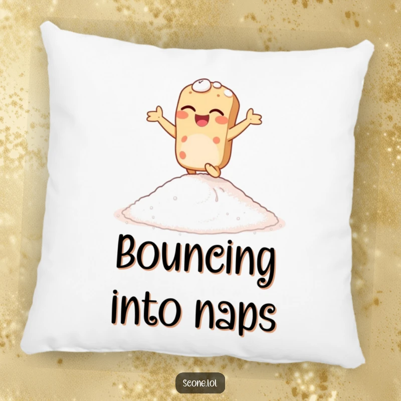 Funny giggling scone pillow, featuring a scone hopping energetically on sugar, perfect for cuddly, humorous relaxation.