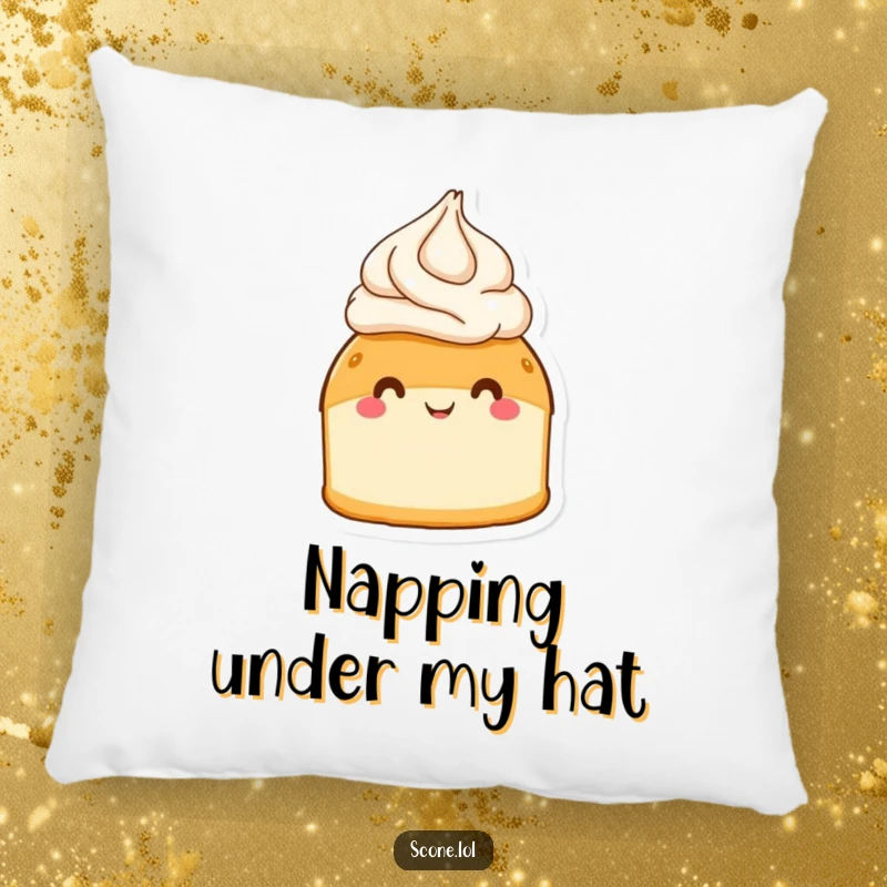 Funny scone wearing a cream hat, beaming with joy, depicted on a soft, decorative pillow.