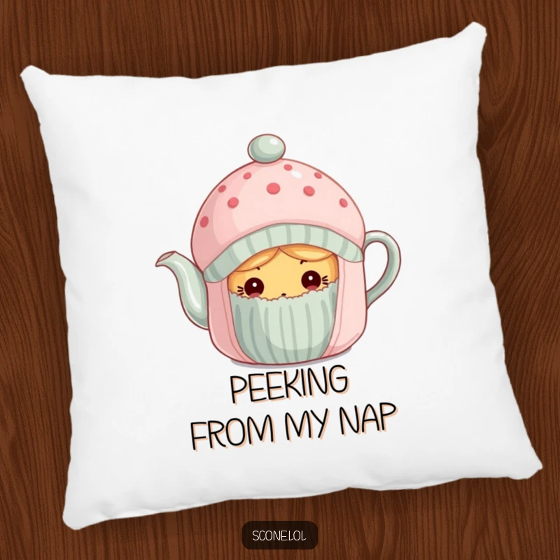 Funny scone curiously peeking from under a tea cozy on a soft, decorative pillow.