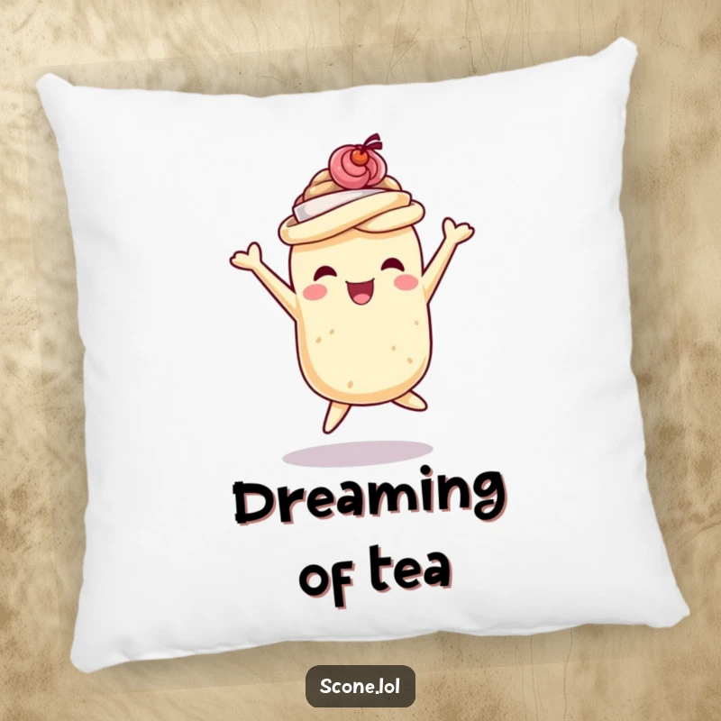 Funny scone pillow showcasing a scone wearing a tiny teacup hat, joyfully jumping, providing comfort and whimsical humor as a funny gift.