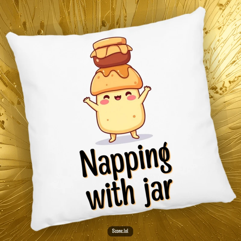 Funny pillow featuring a scone character balancing a jam jar on its head, offering soft comfort and humorous stability.