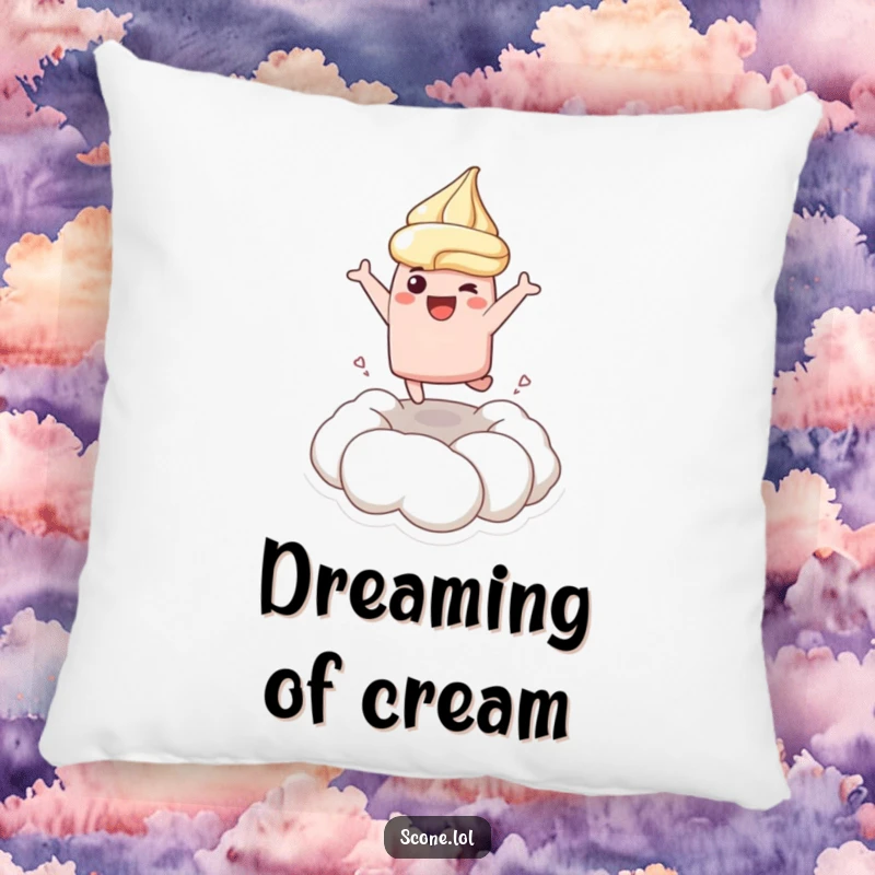 Funny pillow featuring a scone character joyfully leaping into cream, offering soft comfort and cheerful, playful vibes.