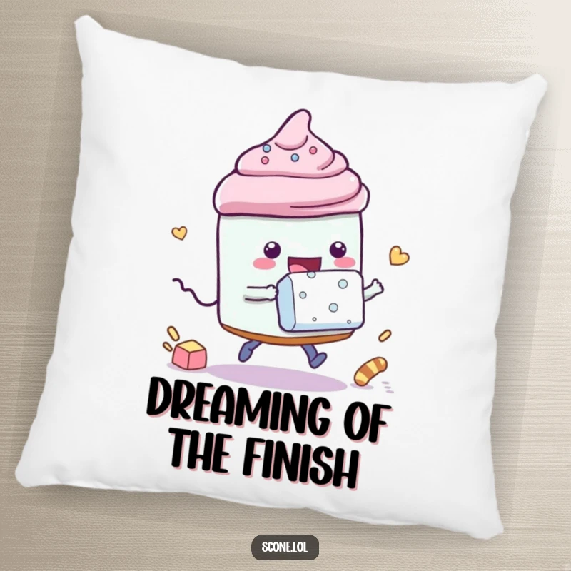 Funny pillow featuring a scone character playfully racing a sugar cube, offering soft comfort and a spirit of friendly rivalry.