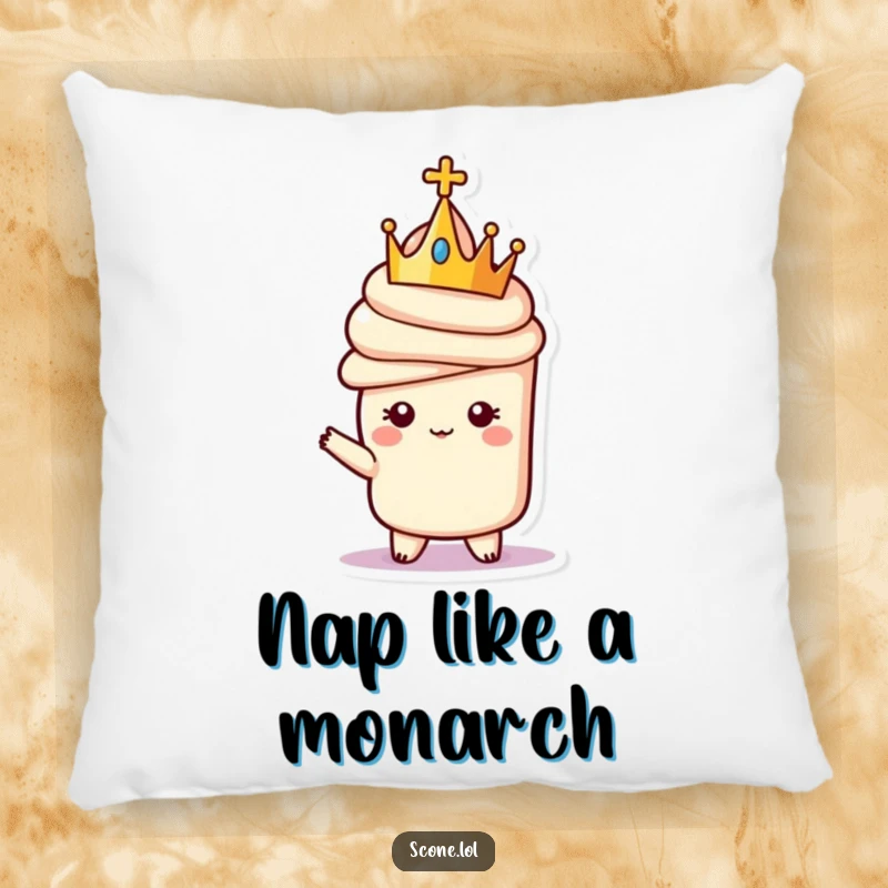 Funny pillow featuring a scone character in a tiny crown, exuding regal charm and offering plush, humorous comfort.