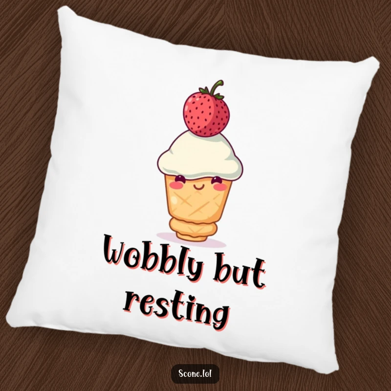 Funny scone pillow showing a smiling scone balancing a wobbly berry on its head, providing comfort and humorous charm as a funny gift.