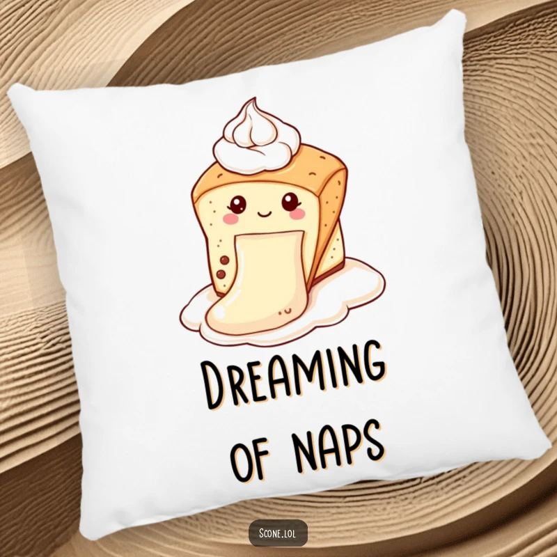 Funny scone pillow showing a scone sliding down a dollop of cream like a slide, providing comfort and humorous charm as a funny gift.