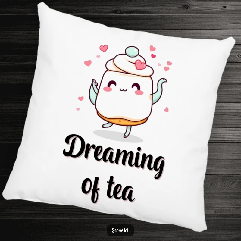 Funny scone pillow, featuring a scone with heart eyes dancing with a swirling teapot, perfect for cozy, romantic relaxation.