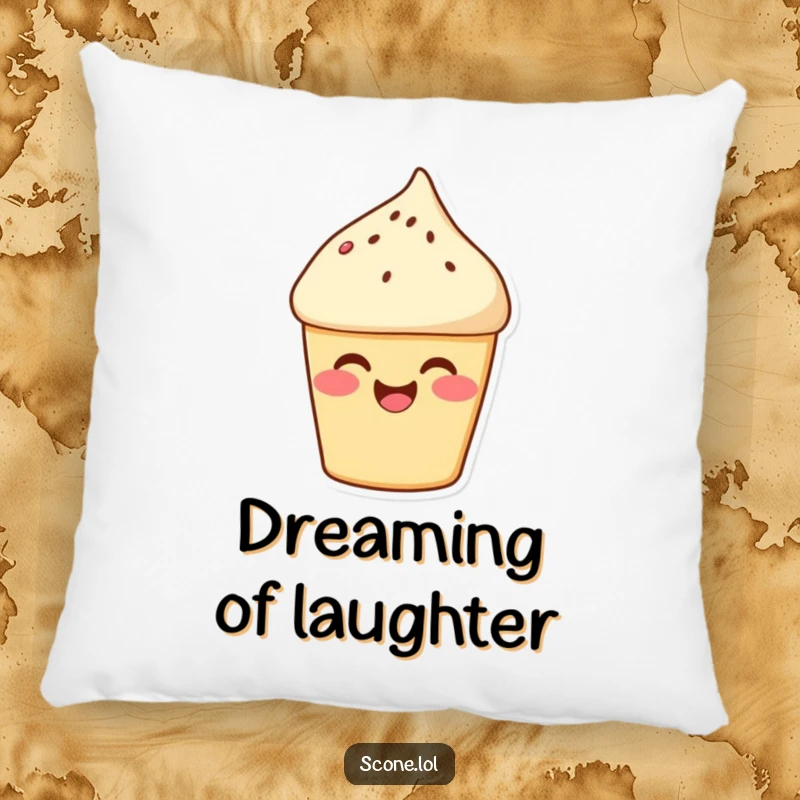 Funny Scone Pillow: A giggling scone with rosy cheeks offers soft comfort and sweet smiles. Perfect for lounging. Funny gift.